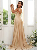 Vestido de dama de honor de corte A/princesa, jersey con volantes, escote en V, sin mangas, cola larga, para invitada de boda