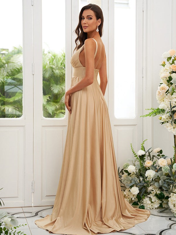 Vestido de dama de honor de corte A/princesa, jersey con volantes, escote en V, sin mangas, cola larga, para invitada de boda