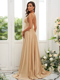 Vestido de dama de honor de corte A/princesa, jersey con volantes, escote en V, sin mangas, cola larga, para invitada de boda
