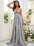 Vestido de dama de honor de corte A/princesa, jersey con volantes, escote en V, sin mangas, cola larga, para invitada de boda