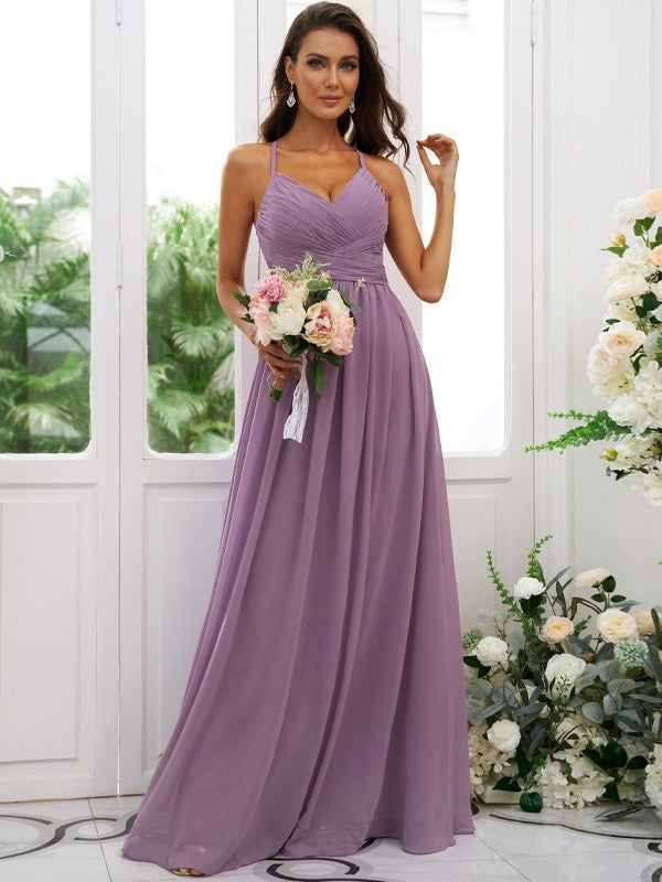 A-Line/Princess Chiffon Ruched V-neck Sleeveless Floor-Length Bridesmaid Dresses Evening Dress