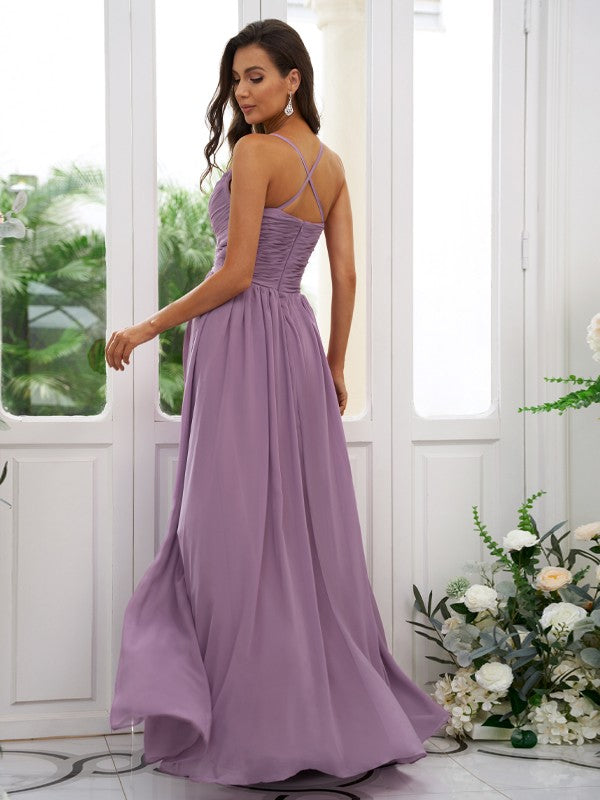 A-Line/Princess Chiffon Ruched V-neck Sleeveless Floor-Length Bridesmaid Dresses Evening Dress