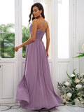 A-Line/Princess Chiffon Ruched V-neck Sleeveless Floor-Length Bridesmaid Dresses Evening Dress