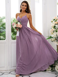 A-Line/Princess Chiffon Ruched V-neck Sleeveless Floor-Length Bridesmaid Dresses Evening Dress