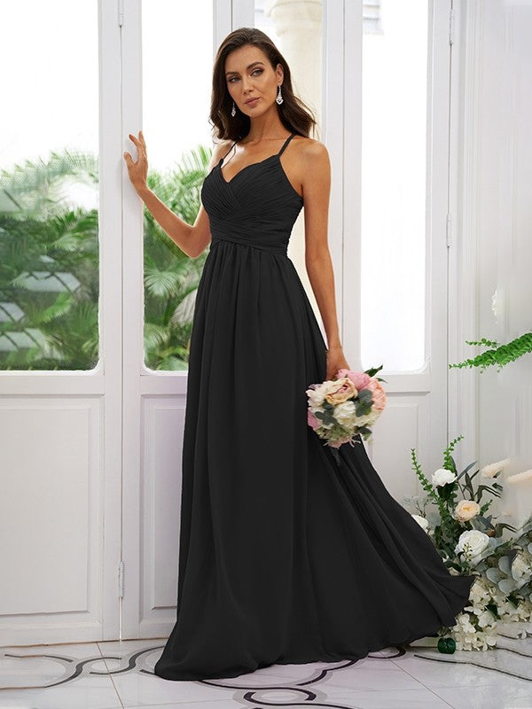 A-Line/Princess Chiffon Ruched V-neck Sleeveless Floor-Length Bridesmaid Dresses Evening Dress