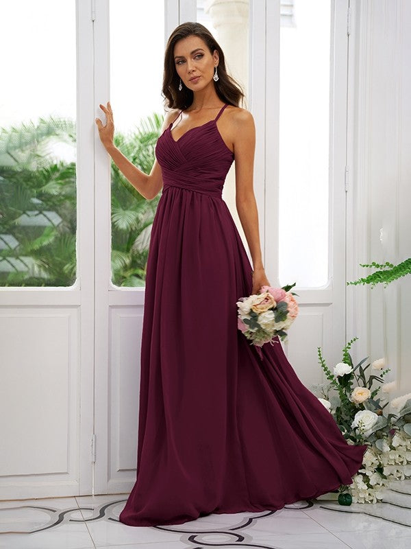 A-Line/Princess Chiffon Ruched V-neck Sleeveless Floor-Length Bridesmaid Dresses Evening Dress