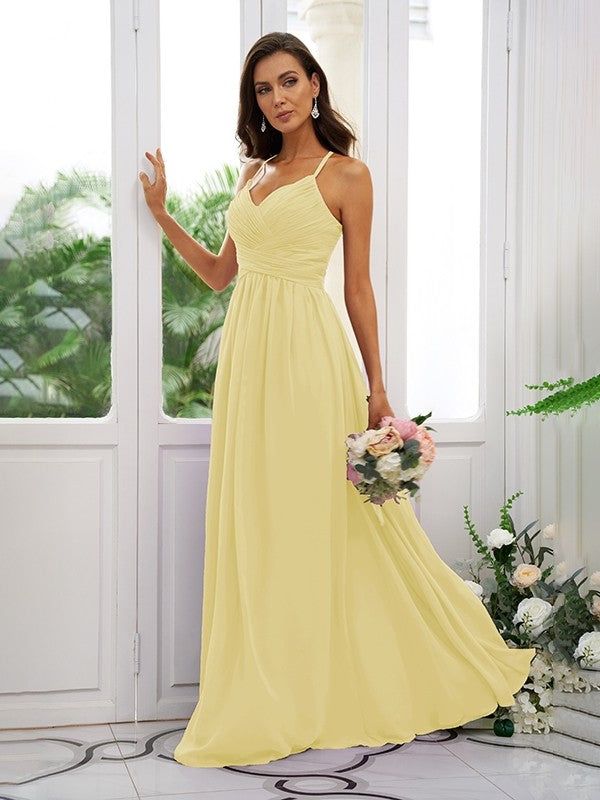 A-Line/Princess Chiffon Ruched V-neck Sleeveless Floor-Length Bridesmaid Dresses Evening Dress