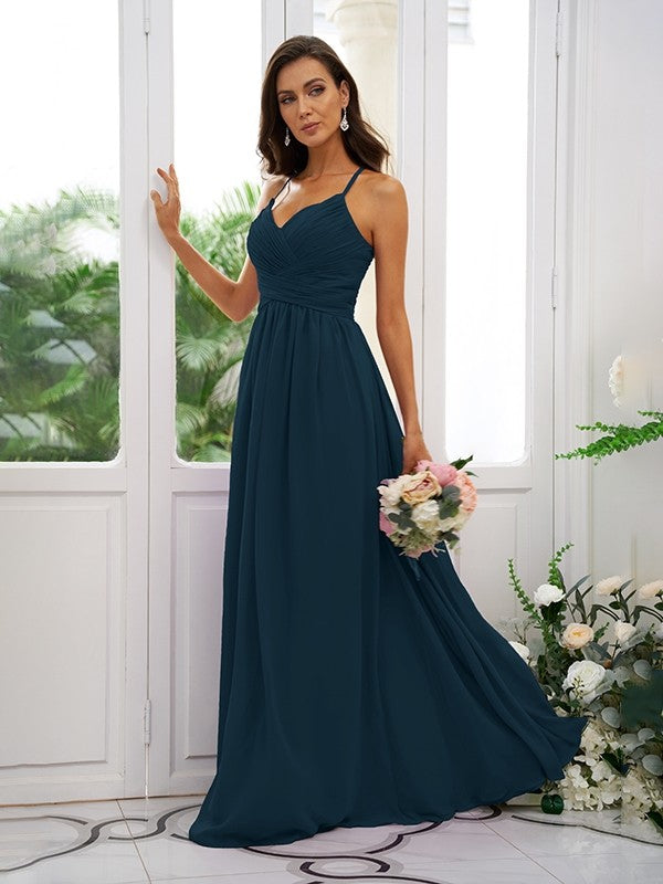 A-Line/Princess Chiffon Ruched V-neck Sleeveless Floor-Length Bridesmaid Dresses Evening Dress