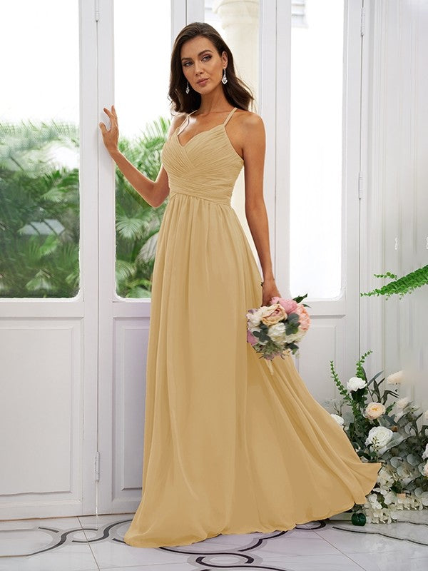 A-Line/Princess Chiffon Ruched V-neck Sleeveless Floor-Length Bridesmaid Dresses Evening Dress