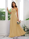 A-Line/Princess Chiffon Ruched V-neck Sleeveless Floor-Length Bridesmaid Dresses Evening Dress
