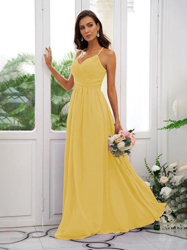 A-Line/Princess Chiffon Ruched V-neck Sleeveless Floor-Length Bridesmaid Dresses Evening Dress