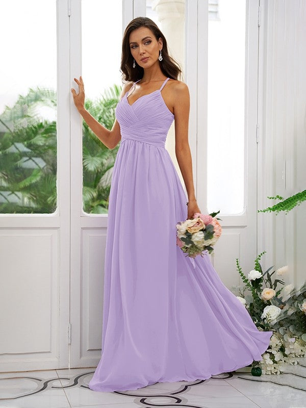 A-Line/Princess Chiffon Ruched V-neck Sleeveless Floor-Length Bridesmaid Dresses Evening Dress