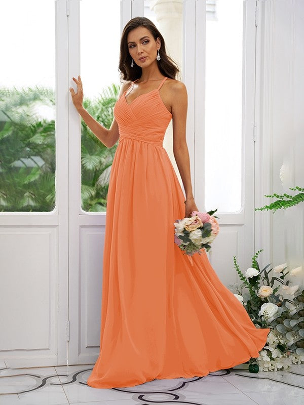 A-Line/Princess Chiffon Ruched V-neck Sleeveless Floor-Length Bridesmaid Dresses Evening Dress
