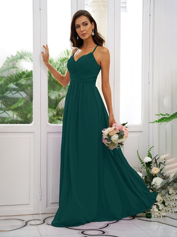 A-Line/Princess Chiffon Ruched V-neck Sleeveless Floor-Length Bridesmaid Dresses Evening Dress