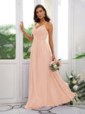 A-Line/Princess Chiffon Ruched V-neck Sleeveless Floor-Length Bridesmaid Dresses Evening Dress