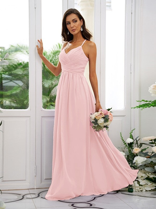 A-Line/Princess Chiffon Ruched V-neck Sleeveless Floor-Length Bridesmaid Dresses Evening Dress