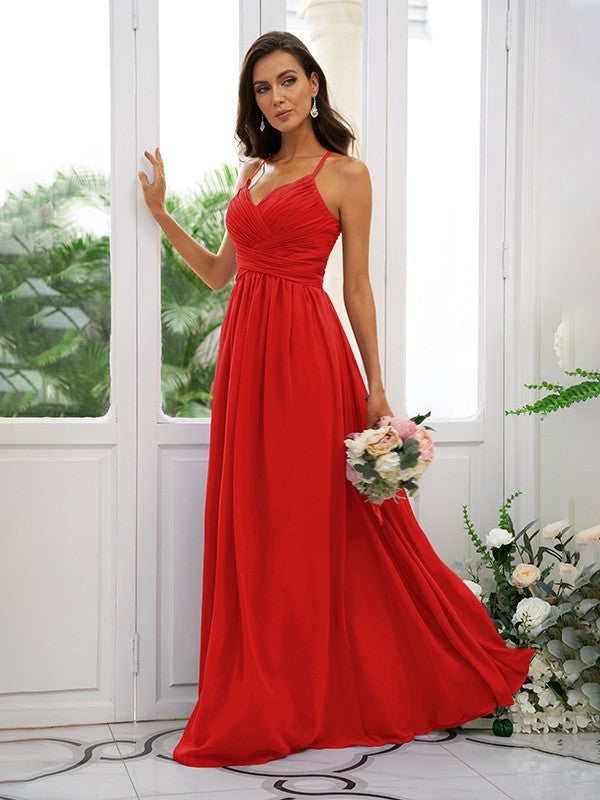 A-Line/Princess Chiffon Ruched V-neck Sleeveless Floor-Length Bridesmaid Dresses Evening Dress