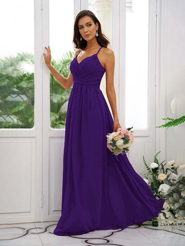 A-Line/Princess Chiffon Ruched V-neck Sleeveless Floor-Length Bridesmaid Dresses Evening Dress