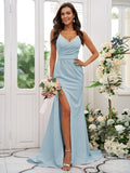 Sheath/Column Stretch Crepe Ruched V-neck Sleeveless Sweep/Brush Train Bridesmaid Dresses Evening Dress