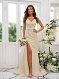 Sheath/Column Stretch Crepe Ruched V-neck Sleeveless Sweep/Brush Train Bridesmaid Dresses Evening Dress