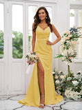 Sheath/Column Stretch Crepe Ruched V-neck Sleeveless Sweep/Brush Train Bridesmaid Dresses Evening Dress