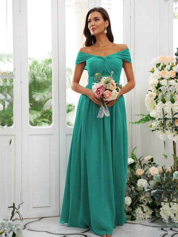A-Line/Princess Chiffon Ruched Off-the-Shoulder Sleeveless Floor-Length Bridesmaid Dresses Evening Prom Dress