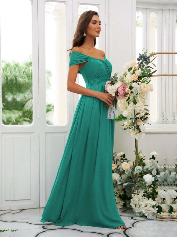 A-Line/Princess Chiffon Ruched Off-the-Shoulder Sleeveless Floor-Length Bridesmaid Dresses Evening Prom Dress