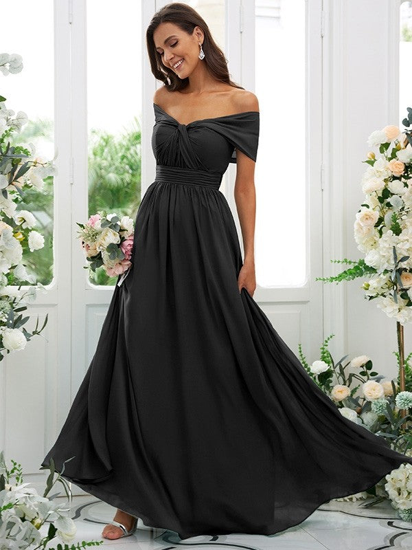 A-Line/Princess Chiffon Ruched Off-the-Shoulder Sleeveless Floor-Length Bridesmaid Dresses Evening Prom Dress