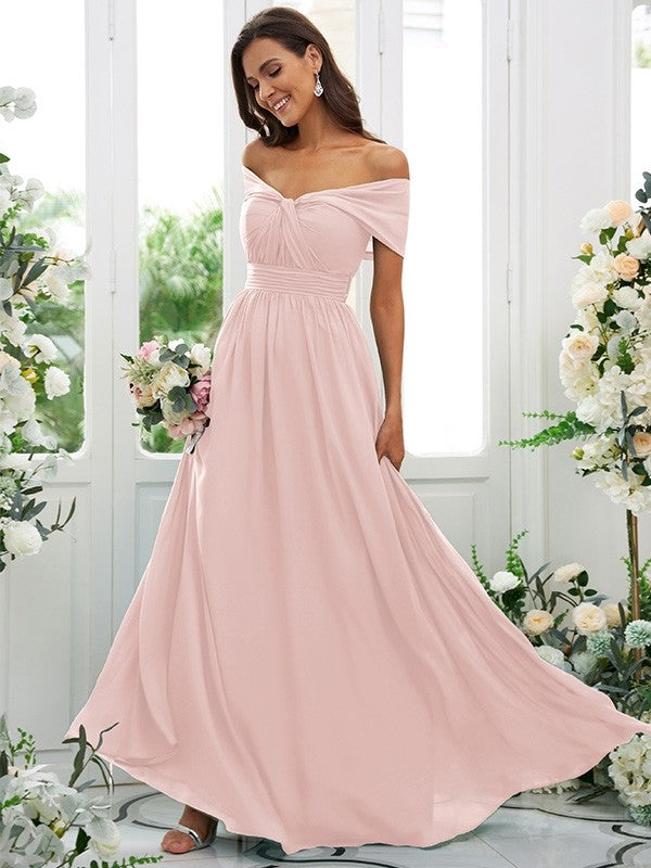A-Line/Princess Chiffon Ruched Off-the-Shoulder Sleeveless Floor-Length Bridesmaid Dresses Evening Prom Dress