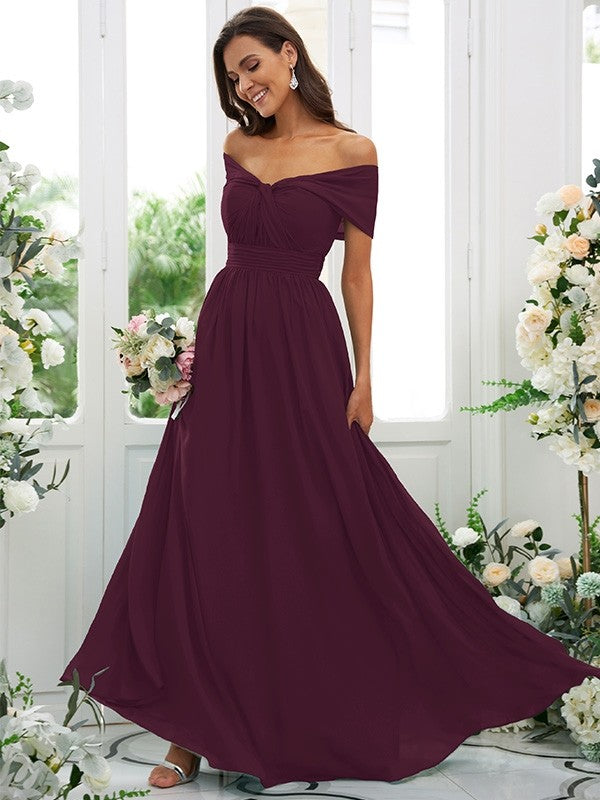 A-Line/Princess Chiffon Ruched Off-the-Shoulder Sleeveless Floor-Length Bridesmaid Dresses Evening Prom Dress