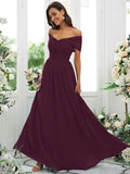 A-Line/Princess Chiffon Ruched Off-the-Shoulder Sleeveless Floor-Length Bridesmaid Dresses Evening Prom Dress