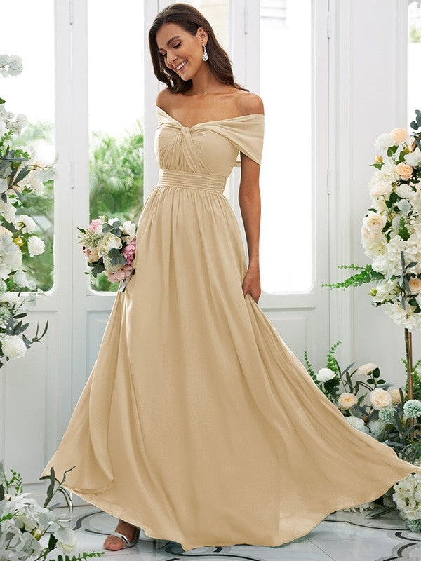 A-Line/Princess Chiffon Ruched Off-the-Shoulder Sleeveless Floor-Length Bridesmaid Dresses Evening Prom Dress