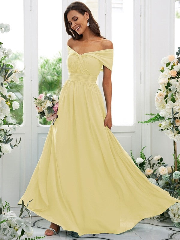 A-Line/Princess Chiffon Ruched Off-the-Shoulder Sleeveless Floor-Length Bridesmaid Dresses Evening Prom Dress