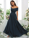 A-Line/Princess Chiffon Ruched Off-the-Shoulder Sleeveless Floor-Length Bridesmaid Dresses Evening Prom Dress
