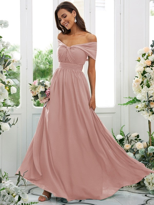A-Line/Princess Chiffon Ruched Off-the-Shoulder Sleeveless Floor-Length Bridesmaid Dresses Evening Prom Dress