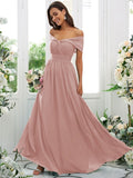 A-Line/Princess Chiffon Ruched Off-the-Shoulder Sleeveless Floor-Length Bridesmaid Dresses Evening Prom Dress