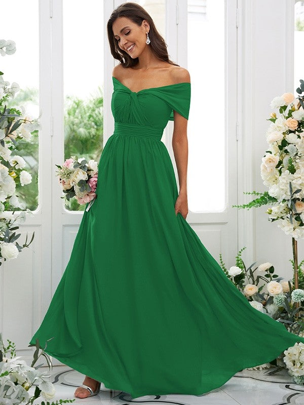 A-Line/Princess Chiffon Ruched Off-the-Shoulder Sleeveless Floor-Length Bridesmaid Dresses Evening Prom Dress