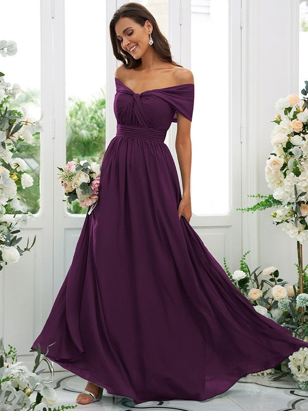 A-Line/Princess Chiffon Ruched Off-the-Shoulder Sleeveless Floor-Length Bridesmaid Dresses Evening Prom Dress