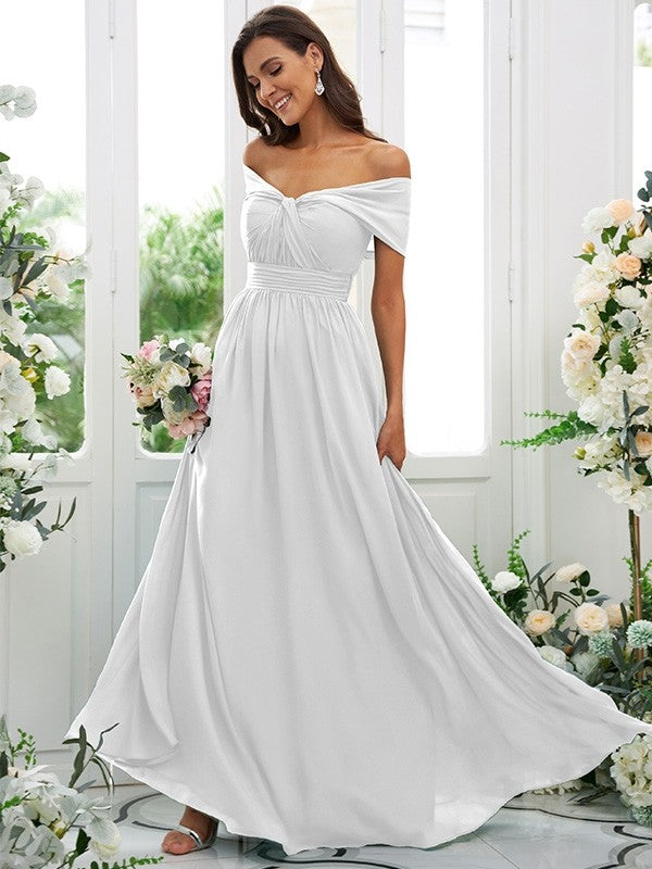 A-Line/Princess Chiffon Ruched Off-the-Shoulder Sleeveless Floor-Length Bridesmaid Dresses Evening Prom Dress