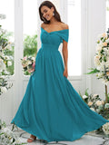 A-Line/Princess Chiffon Ruched Off-the-Shoulder Sleeveless Floor-Length Bridesmaid Dresses Evening Prom Dress