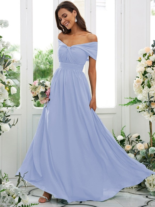 A-Line/Princess Chiffon Ruched Off-the-Shoulder Sleeveless Floor-Length Bridesmaid Dresses Evening Prom Dress