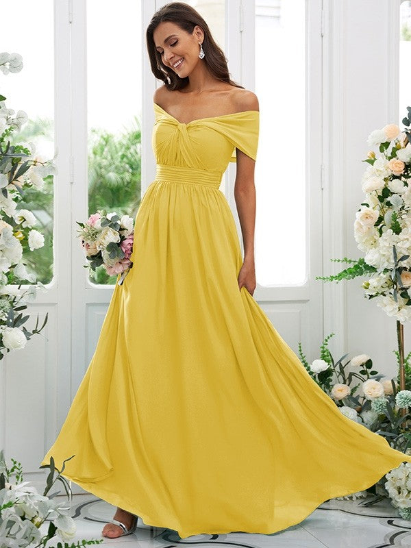 A-Line/Princess Chiffon Ruched Off-the-Shoulder Sleeveless Floor-Length Bridesmaid Dresses Evening Prom Dress