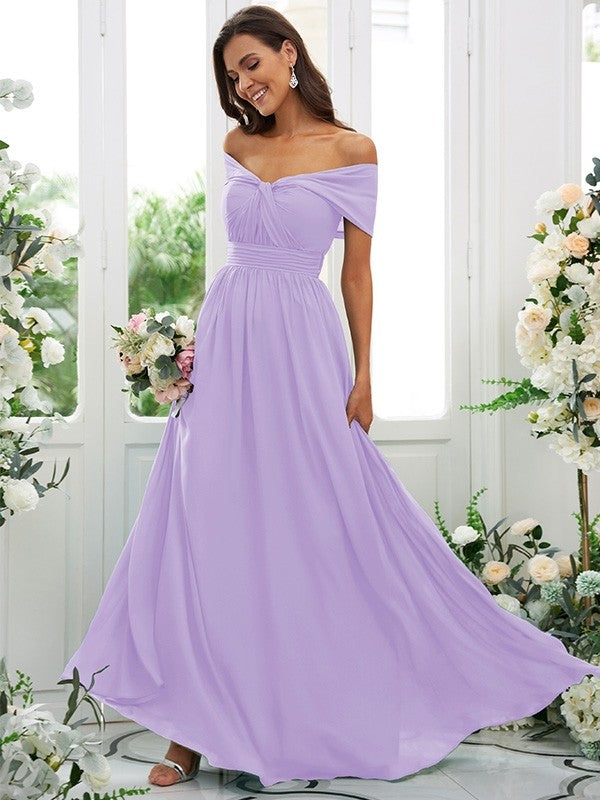 A-Line/Princess Chiffon Ruched Off-the-Shoulder Sleeveless Floor-Length Bridesmaid Dresses Evening Prom Dress
