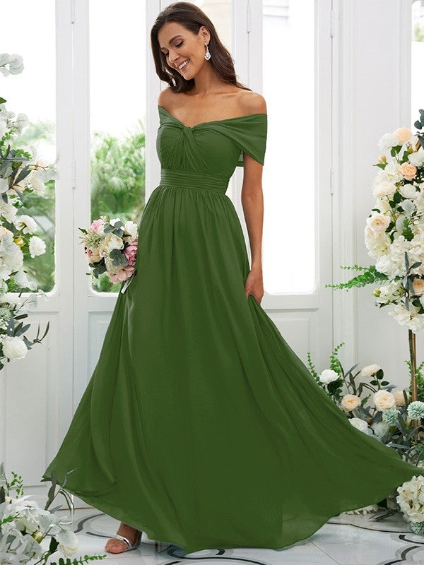 A-Line/Princess Chiffon Ruched Off-the-Shoulder Sleeveless Floor-Length Bridesmaid Dresses Evening Prom Dress