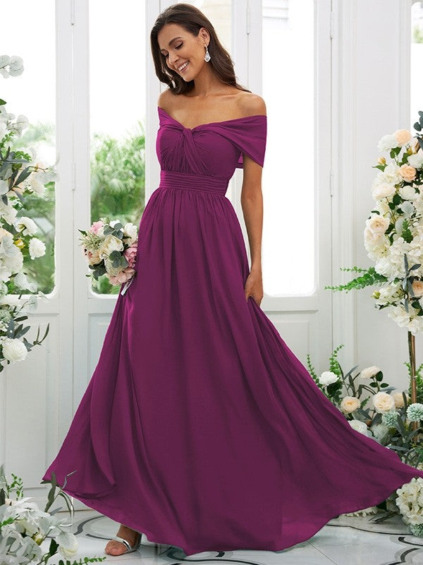 A-Line/Princess Chiffon Ruched Off-the-Shoulder Sleeveless Floor-Length Bridesmaid Dresses Evening Prom Dress