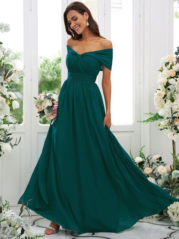 A-Line/Princess Chiffon Ruched Off-the-Shoulder Sleeveless Floor-Length Bridesmaid Dresses Evening Prom Dress
