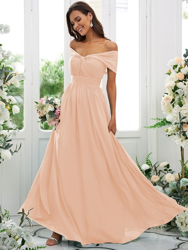 A-Line/Princess Chiffon Ruched Off-the-Shoulder Sleeveless Floor-Length Bridesmaid Dresses Evening Prom Dress