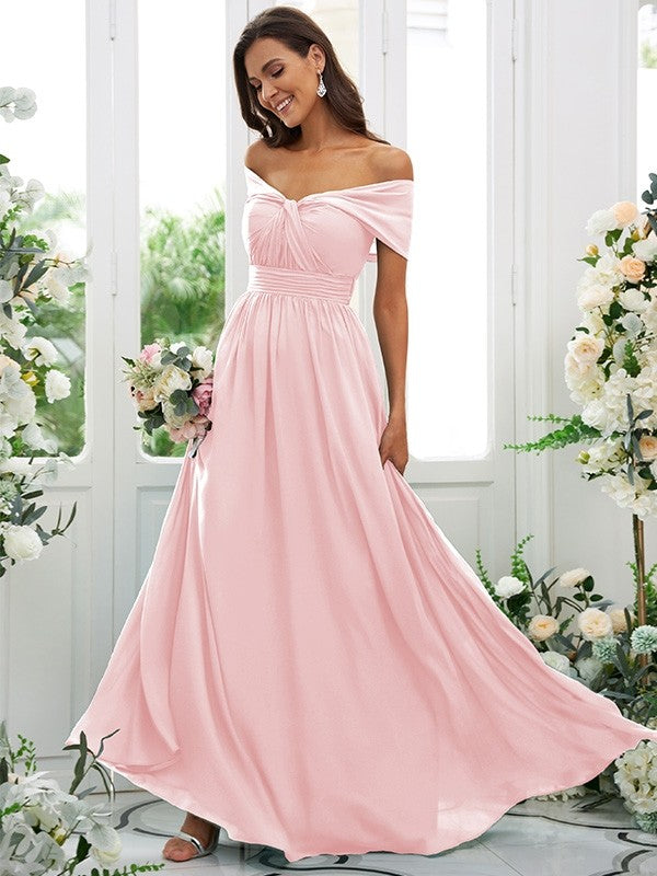 A-Line/Princess Chiffon Ruched Off-the-Shoulder Sleeveless Floor-Length Bridesmaid Dresses Evening Prom Dress