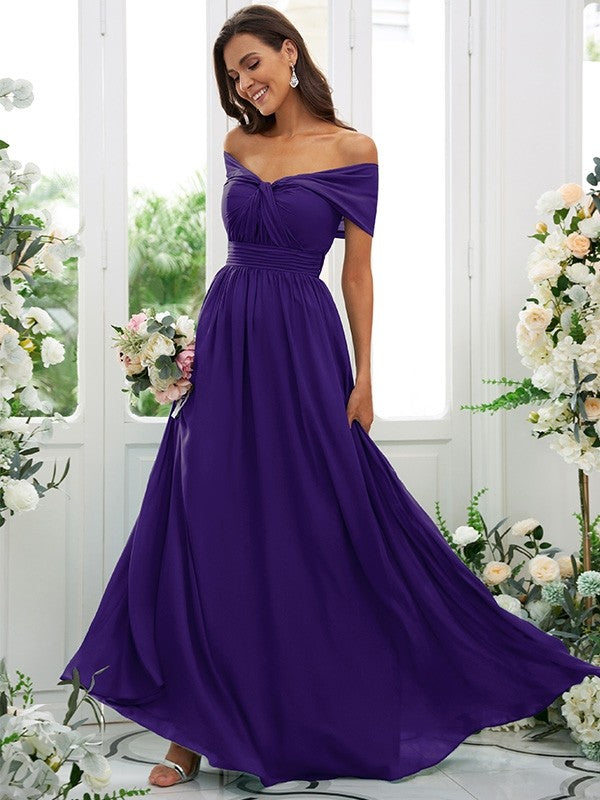 A-Line/Princess Chiffon Ruched Off-the-Shoulder Sleeveless Floor-Length Bridesmaid Dresses Evening Prom Dress