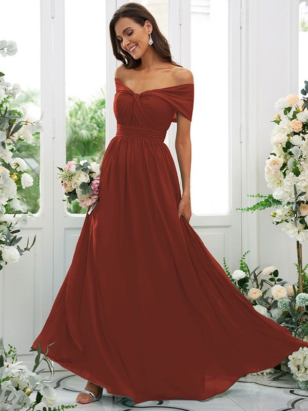 A-Line/Princess Chiffon Ruched Off-the-Shoulder Sleeveless Floor-Length Bridesmaid Dresses Evening Prom Dress